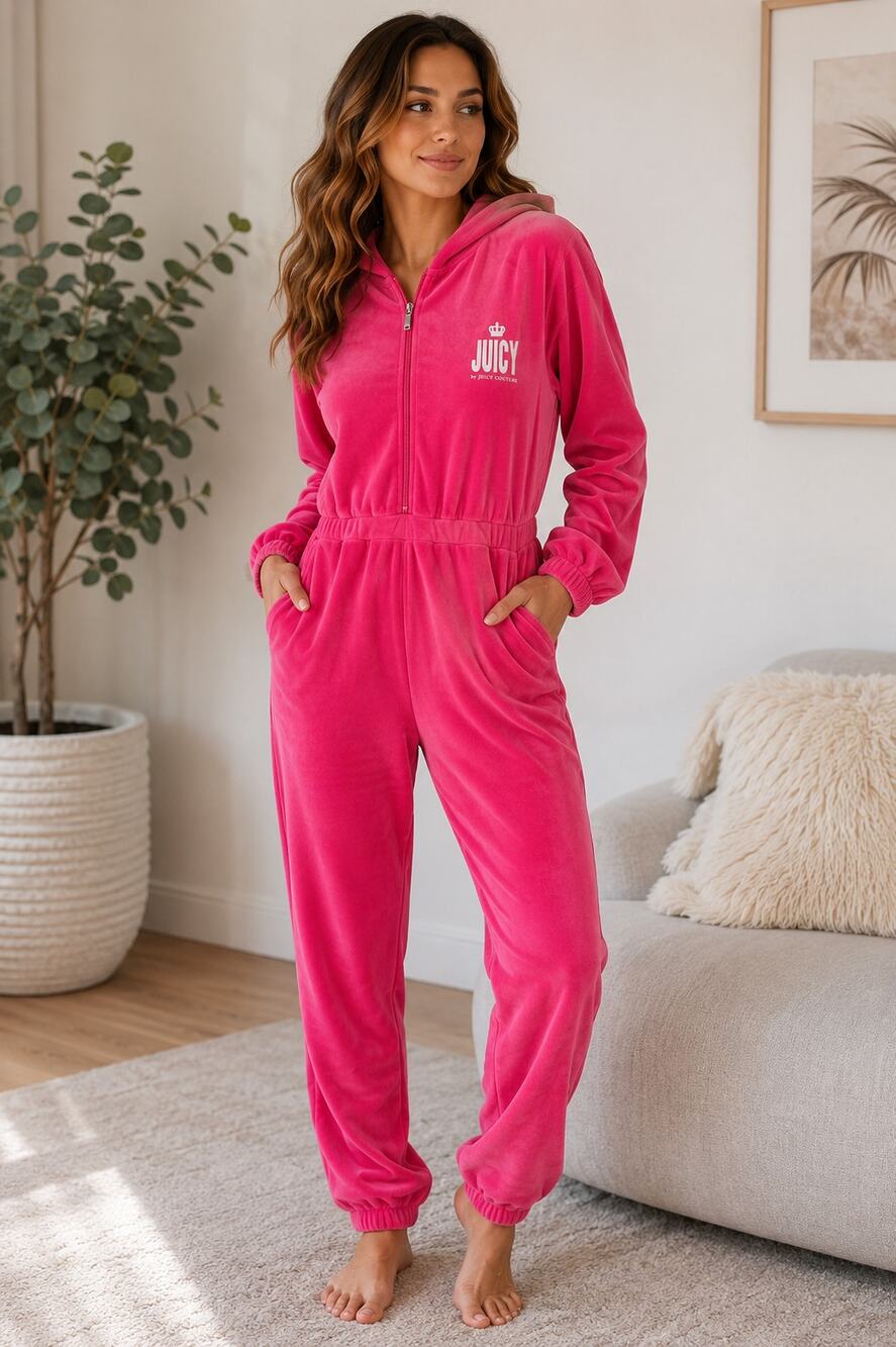 Juicy Couture Jumpsuit Womens L Pink Velour Hooded Zip Up Y2K One Piece